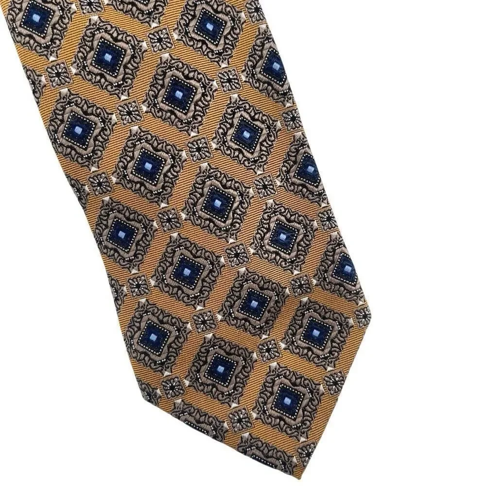 Jos A Bank Signature Collection 100% Silk Gold Blue Medallion Geometric Tie